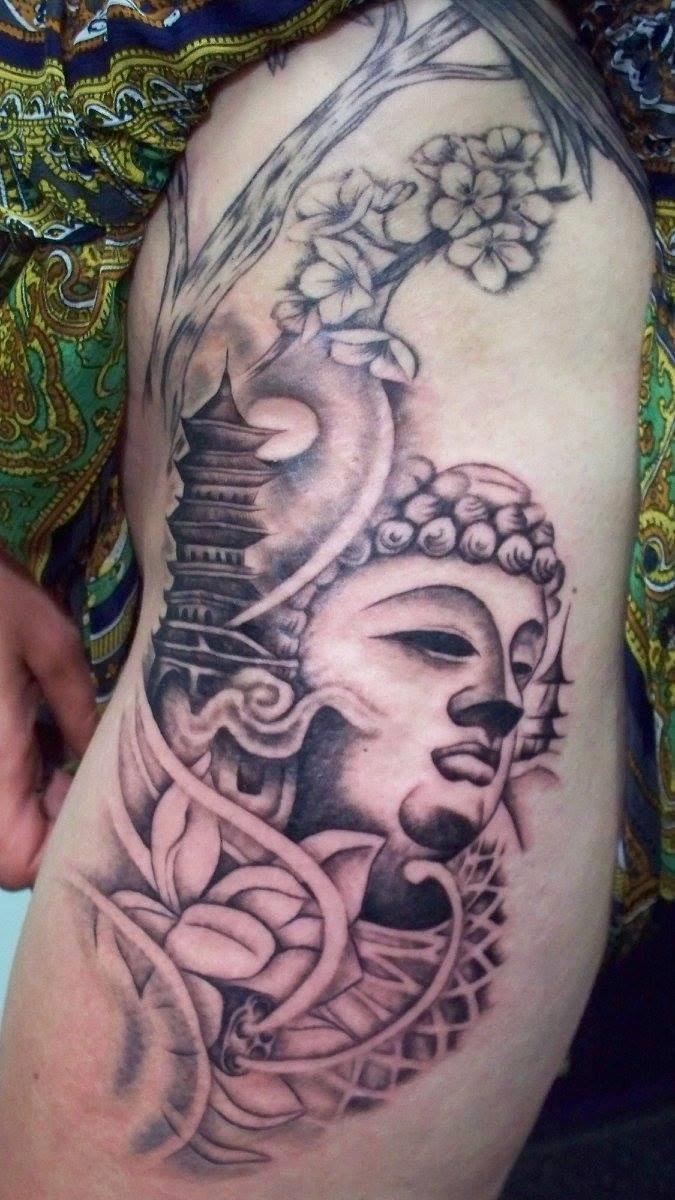 Black and grey Buddha tattoo artwork